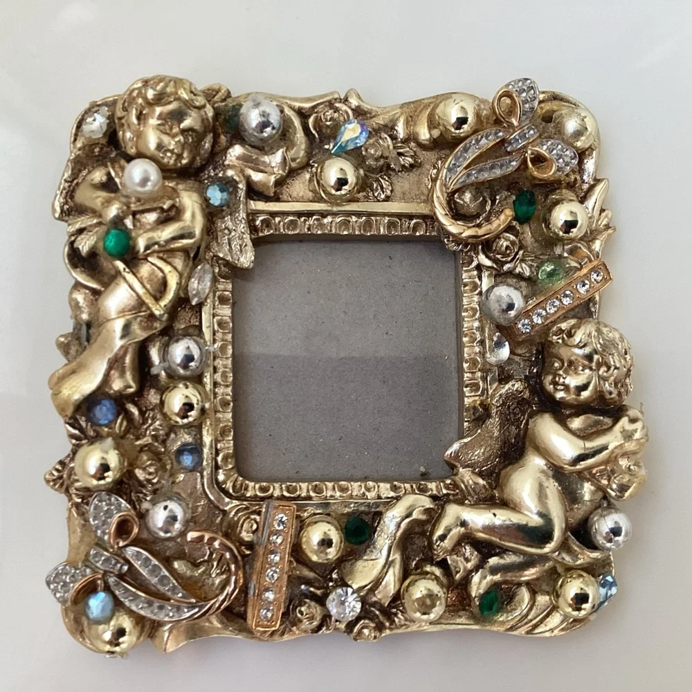 Gold jeweled angel picture frame 4x4 bows and rhinestones great gift idea